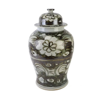 Grand pot en porcelaine vintage de Jingdezhen, peint à la main, motif floral brun, pot décoratif pour la maison