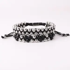 High Quality Double Layer Stainless Steel Ball Black Agate Braided Adjustable Wrap Bracelet Men JBS12432