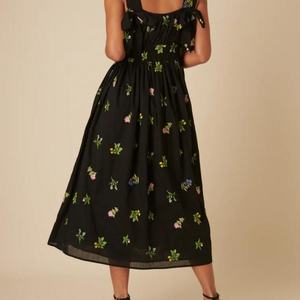 Vestidos de Algodón 100% Nuevos de Marca Original para Mujer, Vestido Midi Dallas Negro con Bordado Floral, Cintura Alta, Corte Holgado, Estilo Casual - Product Image 5