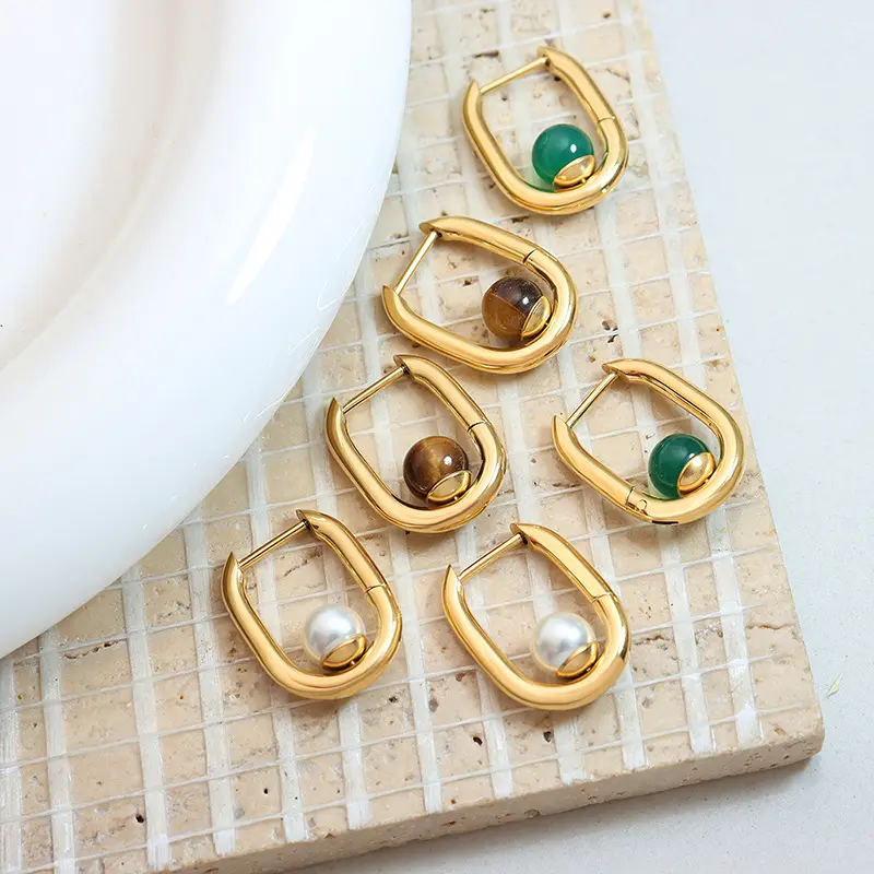 Orecchino a forma di U con perle di agata in pietra naturale con gioielli impermeabili in acciaio inossidabile placcato oro 18 carati di moda