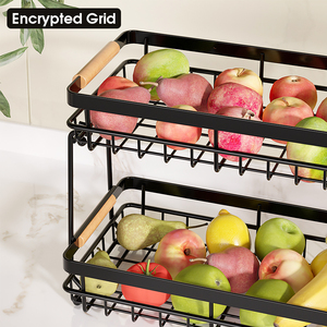 Cesta de frutas de 2 niveles, soporte de metal para frutas, carrito de almacenamiento para cocina, organizador de verduras con asa de bambú, estante para encimera - Product Image 4