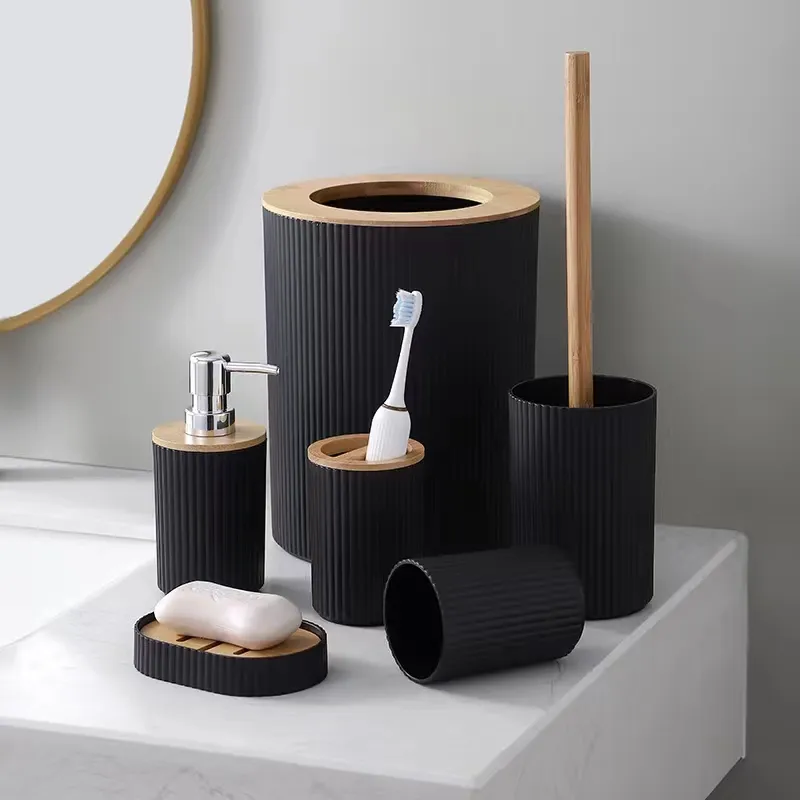 Luxus umwelt freundliche WC WC Zubehör Waschraum Schwarz Bambus Bad zubehör Set für Zuhause 7 Stück