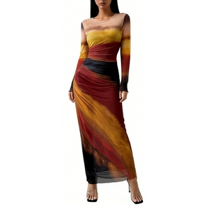 Vestido maxi de malla con efecto tie-dye para mujer - Vestido largo ajustado con fruncido y manga larga a la moda - Product Image 4