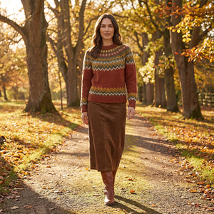 Set Maglione Vintage Fair Isle OEM ODM per <span class=keywords><strong>Donna</strong></span>, Top in Maglia Color Ruggine e Gonna Midi in Velluto a Coste Marrone, <span class=keywords><strong>Outfit</strong></span> Autunnale - Product Image 4