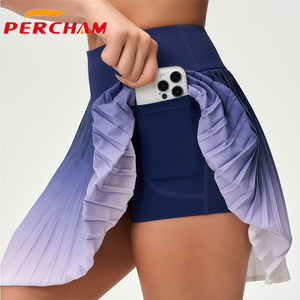 女性用プリーツテニススカート ポケット付き ワイドレッグスポーツスカート ハイウエストグラデーションゴルフスカート フィットネスランニングスポーツスカート - Product Image 2