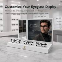 Expositor de Mostrador Blanco Brillante para 3 Pares de Gafas con Espejo de Prueba Integrado, Panel de Cartel Intercambiable y Soporte Flexible para Gafas