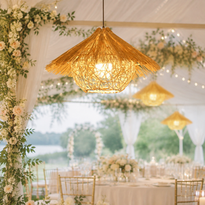 Lampada a Sospensione in Ferro e Rattan Stile Giapponese, Altezza Regolabile, LED Luce Calda, <span class=keywords><strong>Paralume</strong></span> Medio per Matrimoni, Casa, Ufficio, Camera da Letto - Product Image 1