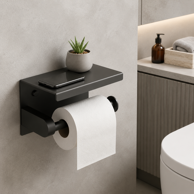 Modern Matte Black SUS 304 Stainless Steel Toilet Paper Holder Shelf Self-adhesive Wall Mounted Dispenser for Home Hotel