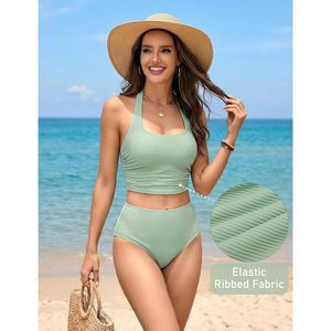 Conjunto de bikini de cintura alta para mujer, dos piezas, con cuello halter, control de abdomen, traje de baño deportivo acanalado - Product Image 5