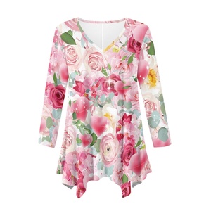 Tunica Hawaiana Floreale Stampata <span class=keywords><strong>Taglie</strong></span> Forti da Donna, Top e Camicette a Maniche 3/4, Camicie con Scollo a V, T-shirt Basica Larga, Vestito Camicia Irregolare - Product Image 2