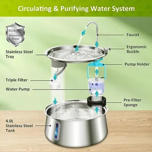 Air mancur kucing 4L yang sangat tenang, dengan mangkuk dan Filter baja tahan karat untuk air mancur anjing Dispenser air hewan peliharaan otomatis