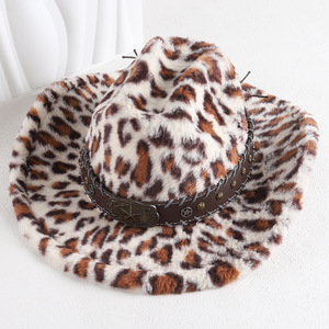Sombrero Vaquero con Estampado de Leopardo ZhenXi, Talla M56-58cm, Forrado de Felpa, Cálido para Otoño e Invierno - Product Image 1