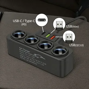 4 <b>Socket</b> Car Cigarette Lighter Splitter with 75cm Cable PD USB Type C QC3.0 66W Ports Fast Charger Voltage Display Truck Adapter - Product Image 3
