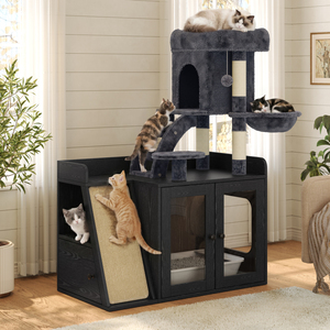 Litter Box Enclosure With <b>Cat</b> Tree Sisal Scratching Board Storage Space Modular Indoor Playground - Product Image 1