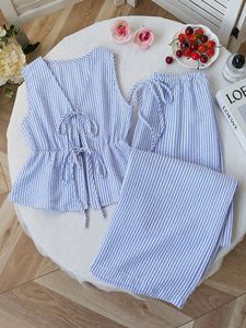 Conjunto de verano para mujer: chaleco largo sin cuello de color liso a rayas y pantalones casuales con cordones, conjunto dulce y versátil sin mangas. - Product Image 4