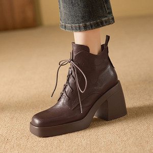 Botas de Moda Clásicas Retro Francesas con Parte Superior de Cuero Genuino, Cierre de Cordones, Tacón Cuadrado de Altura Media, Diseño Versátil para Mujer - Product Image 3