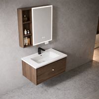 Meuble-lavabo de salle de bain moderne avec armoire miroir, étagères de présentation, tiroirs de rangement à fermeture douce, robinet contemporain et miroir inclus