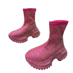Women's Sparkling Rhinestone Thick Sole <b>Ankle</b> <b>Boots</b> Short Chunky Platform Height Increasing Walking Shoes - Product Image 1