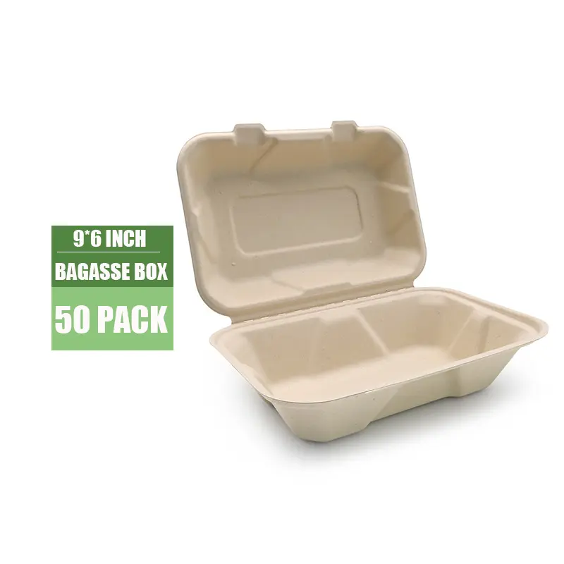 Caja de alimentos de bagazo resistente 9 "x 6" desechable biodegradable pulpa de papel de caña de azúcar caja de embalaje de alimentos para llevar
