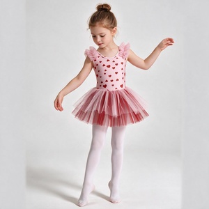 Robe tutu pour filles à imprimé cœur, manches à volants, justaucorps de ballet, robe de danse en tulle superposé, tenue de fête printanière - Product Image 4