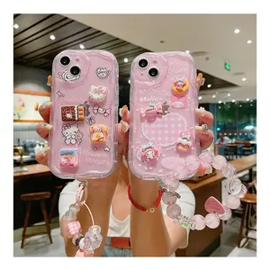 For iPhone 15 13 14 12 Pro max Pink Hello Cute KT Cat Kitty Pendant Mobile Phone Case 3D Wave Cartoon Melody Protective Cover