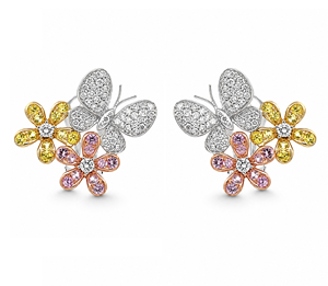 Pendientes de Botón con Diseño de Flor de Mariposa, Oro Blanco de 18K, Gemas Rosas y Amarillas, Diamantes Blancos, Joyería Natural y Linda para Mujer - Product Image 1