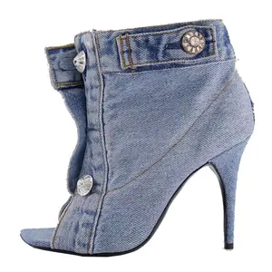 American fashion trend high heel denim ankle boots square toe spikes peep toe ankle boots heels for women