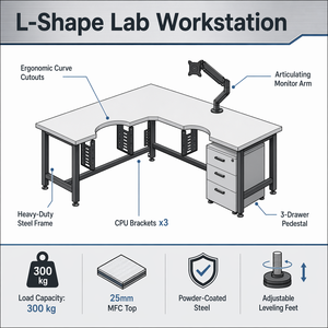 Postazione di Lavoro <span class=keywords><strong>a</strong></span> L per Laboratorio, Ergonomica con Piano in Resina Epossidica, Struttura in Acciaio per Laboratori Universitari, R&D e QC - Product Image 2