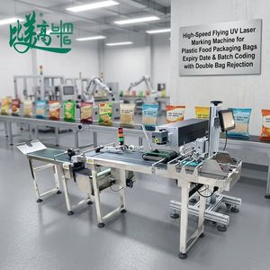 Machine de marquage laser UV à grande vitesse pour sacs d'emballage alimentaire en plastique, codage de la date de péremption et de la loterie avec double rejet de sacs - Product Image 1