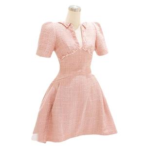 Élégante robe trapèze rose fleur de cerisier paillettes manches courtes décontractée pour les célébrités en mousseline de soie solide - Product Image 5