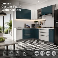 Armário de Cozinha Moderno de Luxo em Aço Inoxidável Azul-Petróleo e Branco, Modular Personalizado em L, Acabamento Fosco Bicolor com Pia e Bancada de Mármore