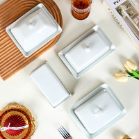 Boîte à beurre blanche à impression personnalisée minimaliste en forme de rectangle, assiette à dessert en céramique avec couvercle