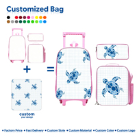 Sac à dos à roulettes personnalisé pour enfants, motif tortue marine à carreaux, bleu clair, avec trousse assortie