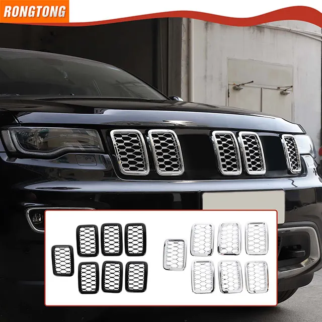 Carbon Fiber And Chrome Front Grille Insert Mesh Ring Decoration With Net For Jeep Grand Cherokee 2017-2020