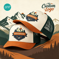 Gorra Trucker de Malla de Cinco Paneles con Visera Curva Bicolor, Logotipo de Parche Tejido Personalizado, para Aventura al Aire Libre y Camping, Venta al por Mayor