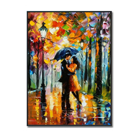 Tableau mural moderne peint à la main, texturé, représentant un couple romantique sous la pluie, paysage urbain, sur toile