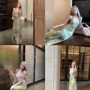 Retro Style Light Green Maxi Dress Spaghetti Strap Natural Waist Beach Casual Vintage Print Summer Dress - Product Image 3