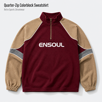 Sweat à capuche vintage surdimensionné en molleton de coton épais avec manches colorblock personnalisées, logo imprimé DTG, fermeture éclair 1/4, style streetwear, éco-responsable