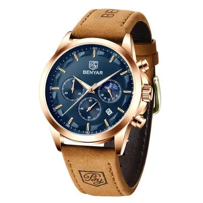 benyar 5160 high quality Brown man quartz watch genuine leather band Waterproof watch date display 3 dials vintage watch factory