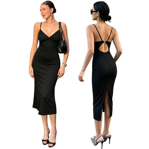 Vestido midi bodycon sin mangas con abertura, espalda descubierta y botones dorados, de color liso para mujer - Product Image 1