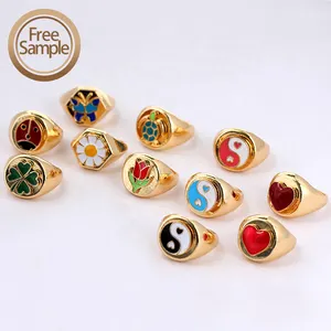SSeeSY New Fashion Jewelry Gold Plated Metal Rings Cute Enamel Daisy Tulip Heart Yin And Yang Stainless Steel Gift For Women