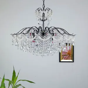 Lustre LED <span class=keywords><strong>vintage</strong></span> français de luxe en fer noir avec perles de cristal, garantie de 2 ans pour salon, salle à manger, chambre à coucher - Product Image 4