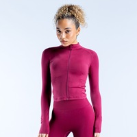Jaket Fitness Lengan Panjang Berbahan Spandex/Nilon Ultra-lembut, Bernapas, Matte, Polos, Sederhana, Ketat, dan Ber-zip-up