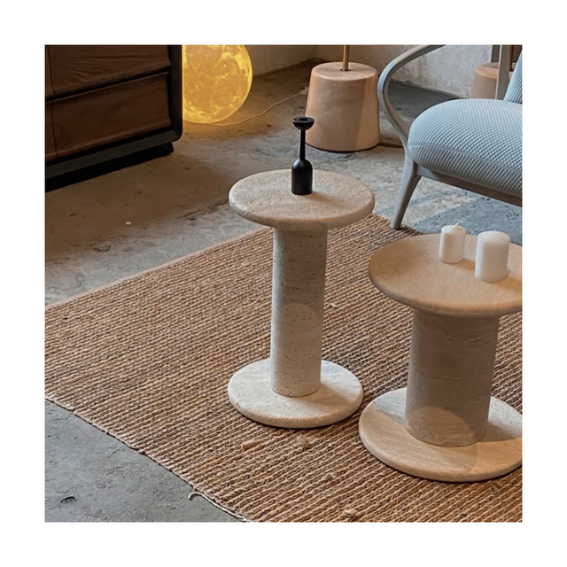 KUMUSI FURNITURE Simple travertine combination high and low side table living room natural stone column display stand