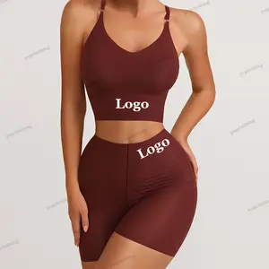 Conjunto de sujetador de estilo bóxer para mujer, ropa interior deportiva de alta elasticidad, sin costuras, espalda cruzada, acanalada, personalizada