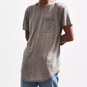 Low Price No Boundaries Elongated Tee Shirt Custom Design Rayon Cotton Curved Hem Chest Pocket Men Vintage Washed T Shirt