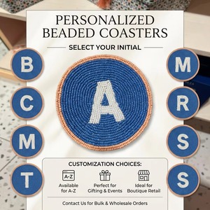 Beaded Letter A <b>Coaster</b>, Blue Seed Bead <b>Drink</b> <b>Coaster</b> with Personalized Initial Design, Table Decor, Home & Bar Gift - Product Image 2