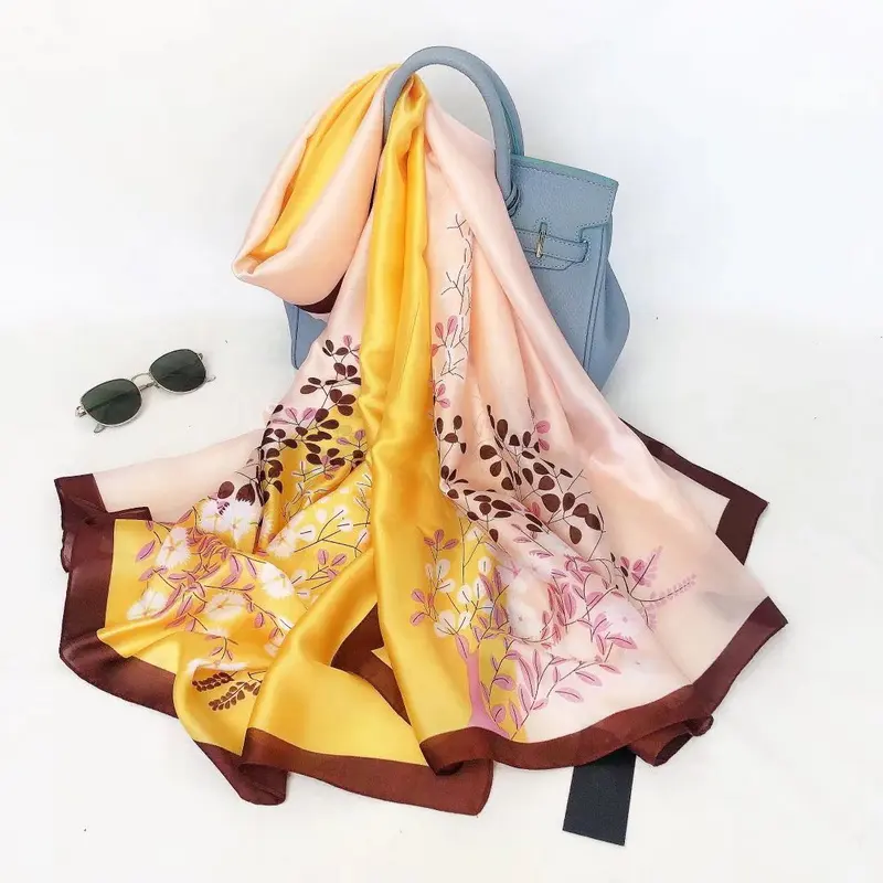 Foulards imprimés en soie de marque florale pour femmes foulard en mousseline de satin grand foulard en soie