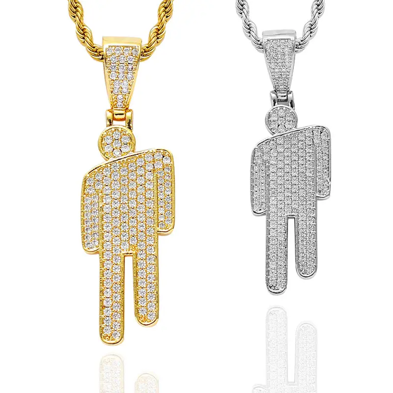 Bijoux européens et américains populaires Billie Eilish même HipHop hommes et femmes Zircon pendentif plein diamant tête tordue collier