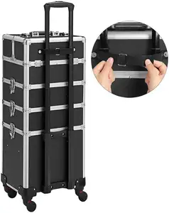 Koper rias profesional Travel Vanity Case 4 in 1 besar troli Salon dapat dikunci dengan 360 berputar roda Universal Hitam